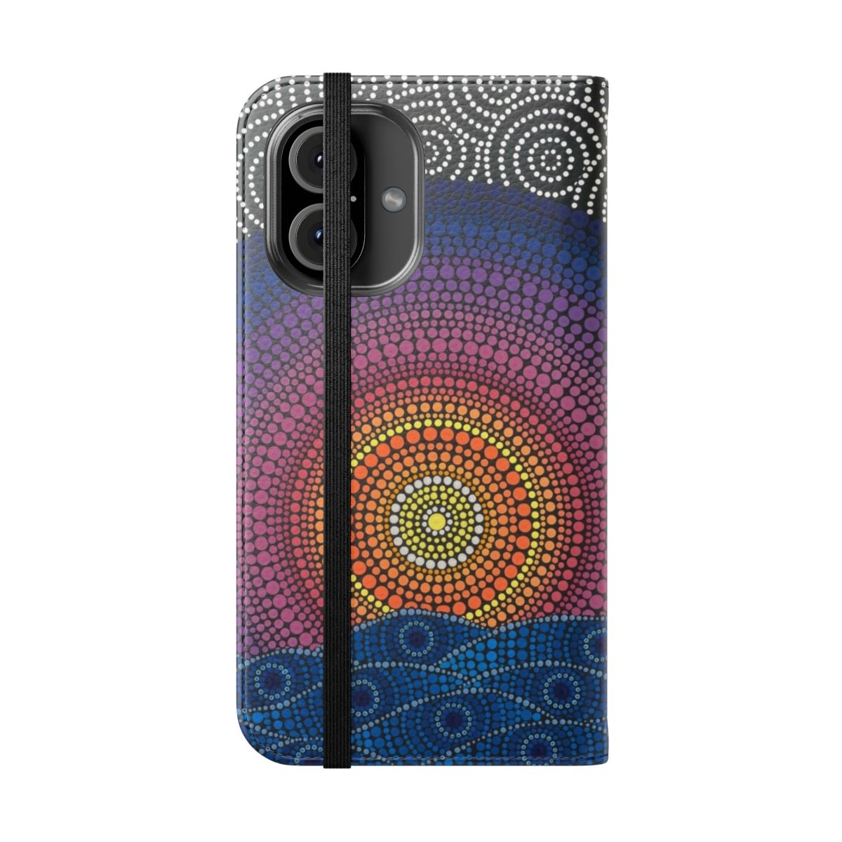 Flip phone case featuring a serene aboriginal-inspired artwork with a sunset, ocean, and beach scene. - Folded Front