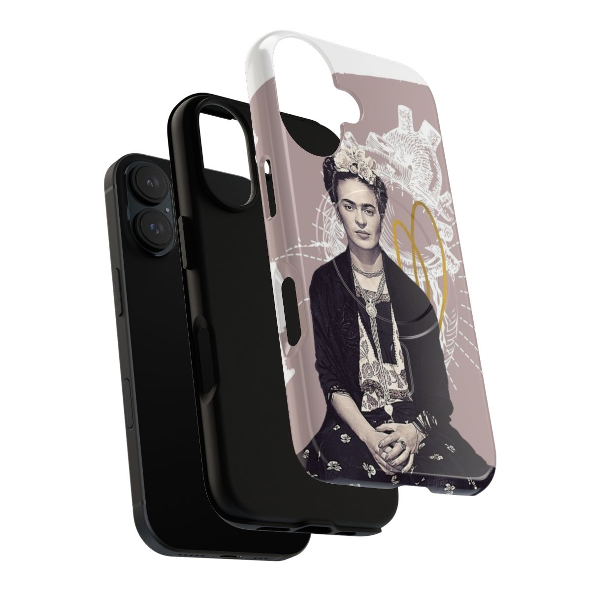 Artistic phone case featuring a black and white portrait of Frida Kahlo surrounded by colorful flowers - Layers