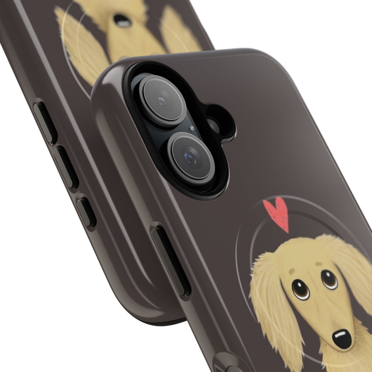 Illustration of a cute cream-colored dachshund dog with a heart design on a phone case - Detail