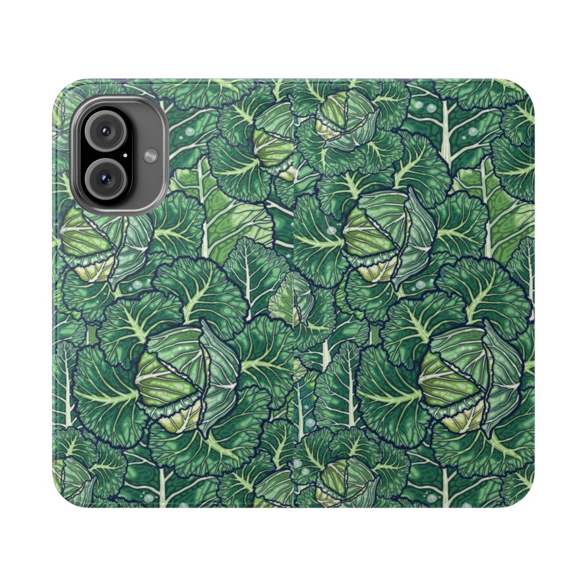 Flip cover phone case with a vibrant cabbage pattern.