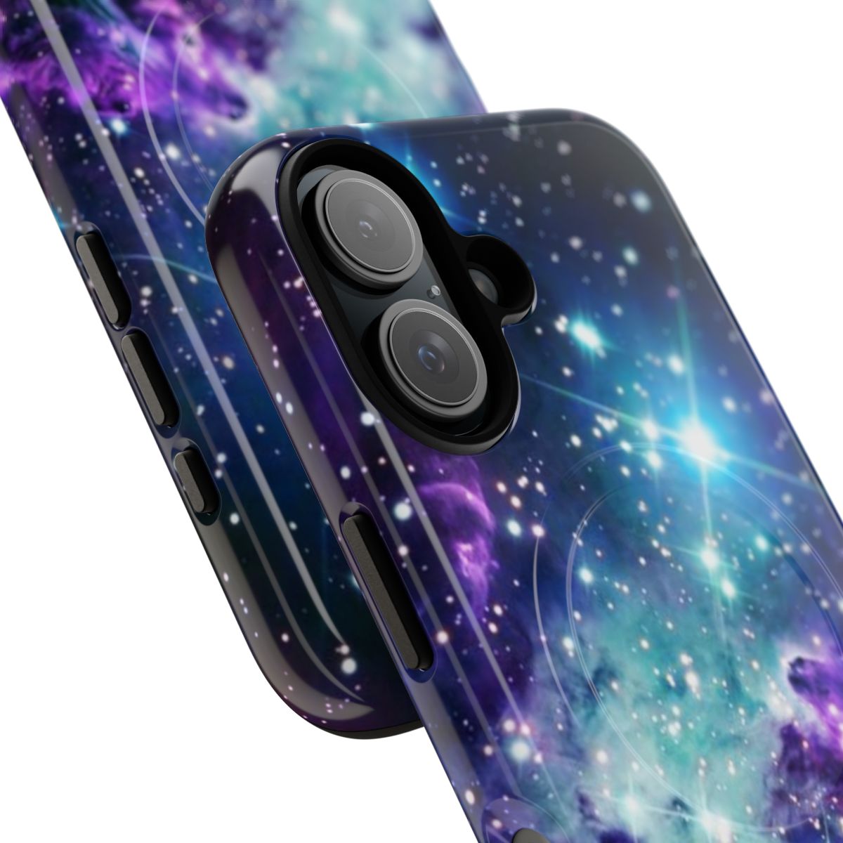 Cosmic galaxy nebula pattern on a teal, turquoise, and purple magnetic tough phone case - Detail