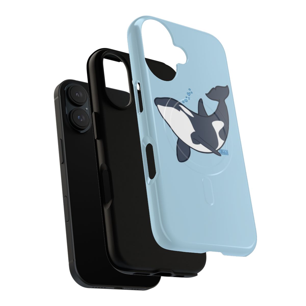 A durable phone case featuring a cute orca or killer whale design with bubbles, hearts, and a magnetic closure. - Layers