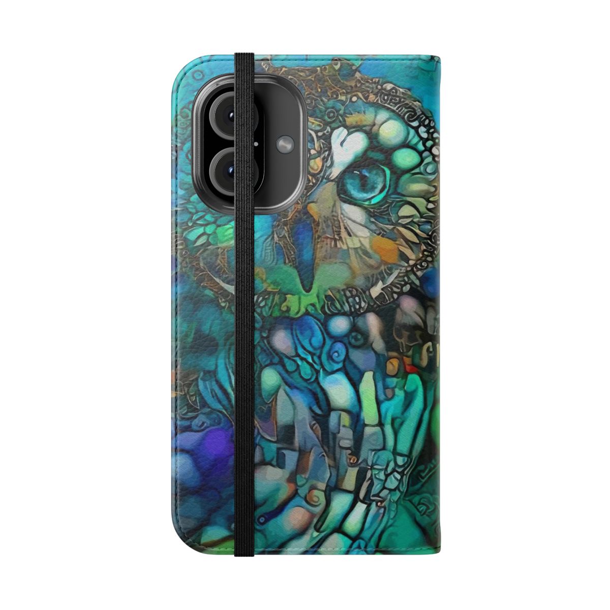 A stylish phone case featuring a vibrant green night owl painting by artist Lea Roche. - Folded Front