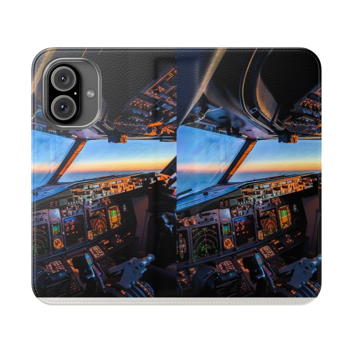 Flip cover phone case with a dreamy aerial view of a plane flying at sunset