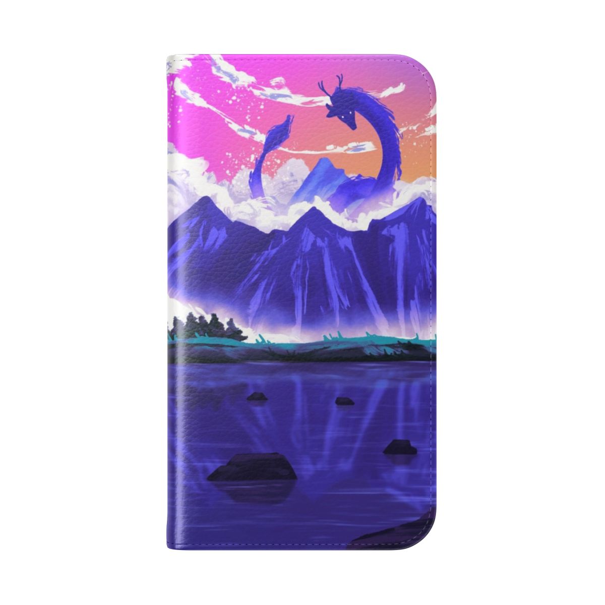 Artistic phone case featuring a sleeping dragon in a nature-inspired design - Folded Back