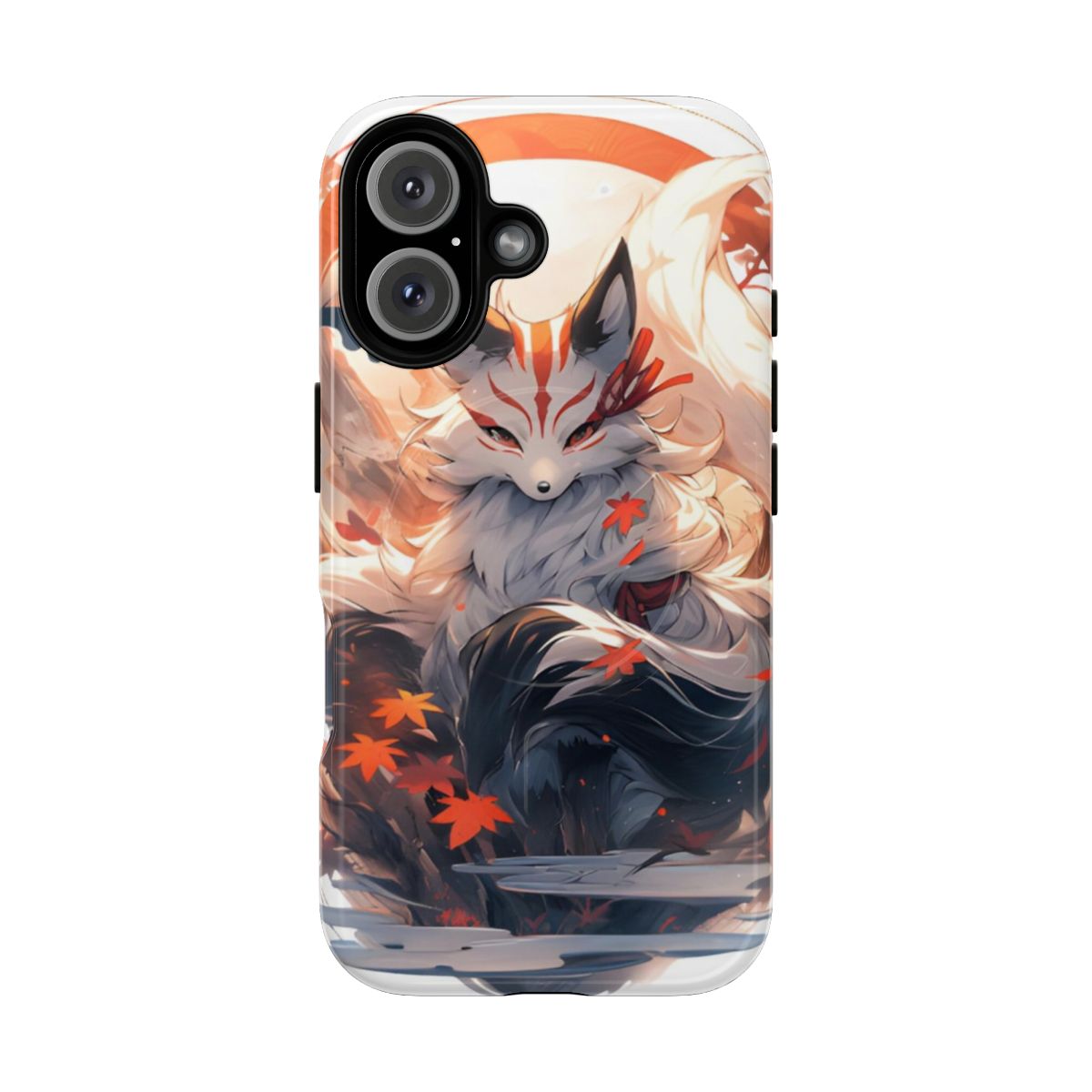 Detailed illustration of a mythical Japanese kitsune fox spirit on a phone case.