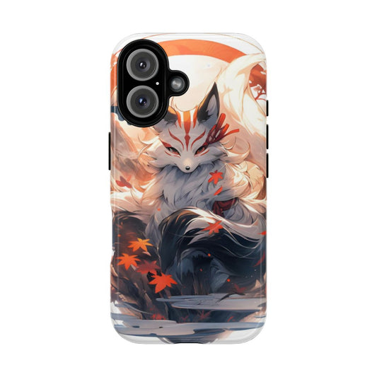 Detailed illustration of a mythical Japanese kitsune fox spirit on a phone case.