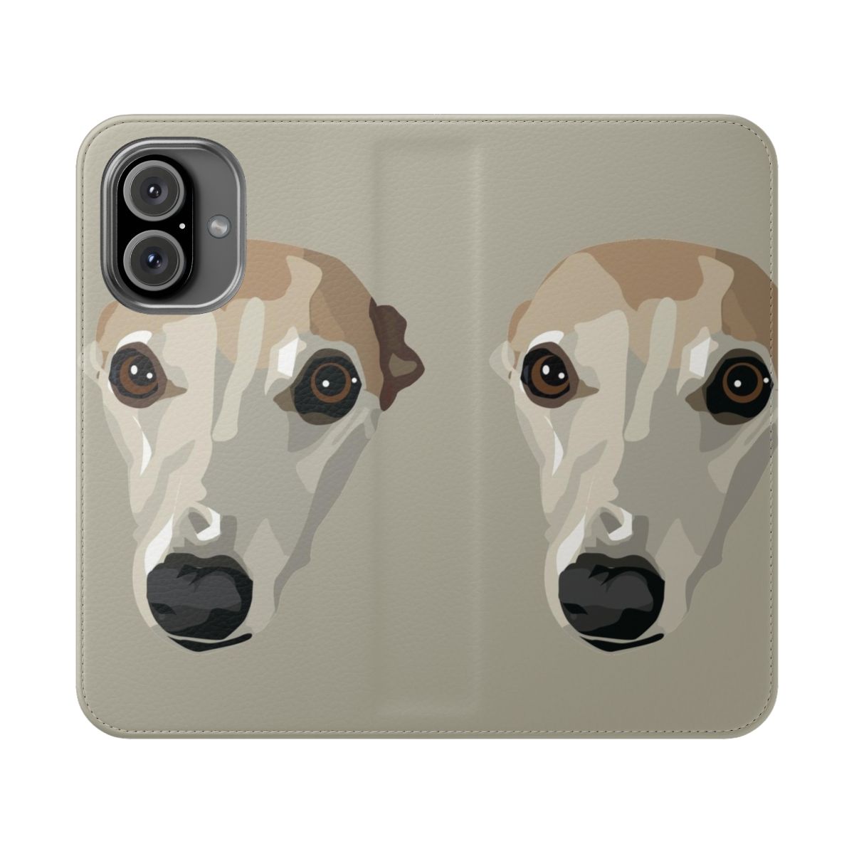 Whippet-inspired flip cover phone case with a fawn-colored design