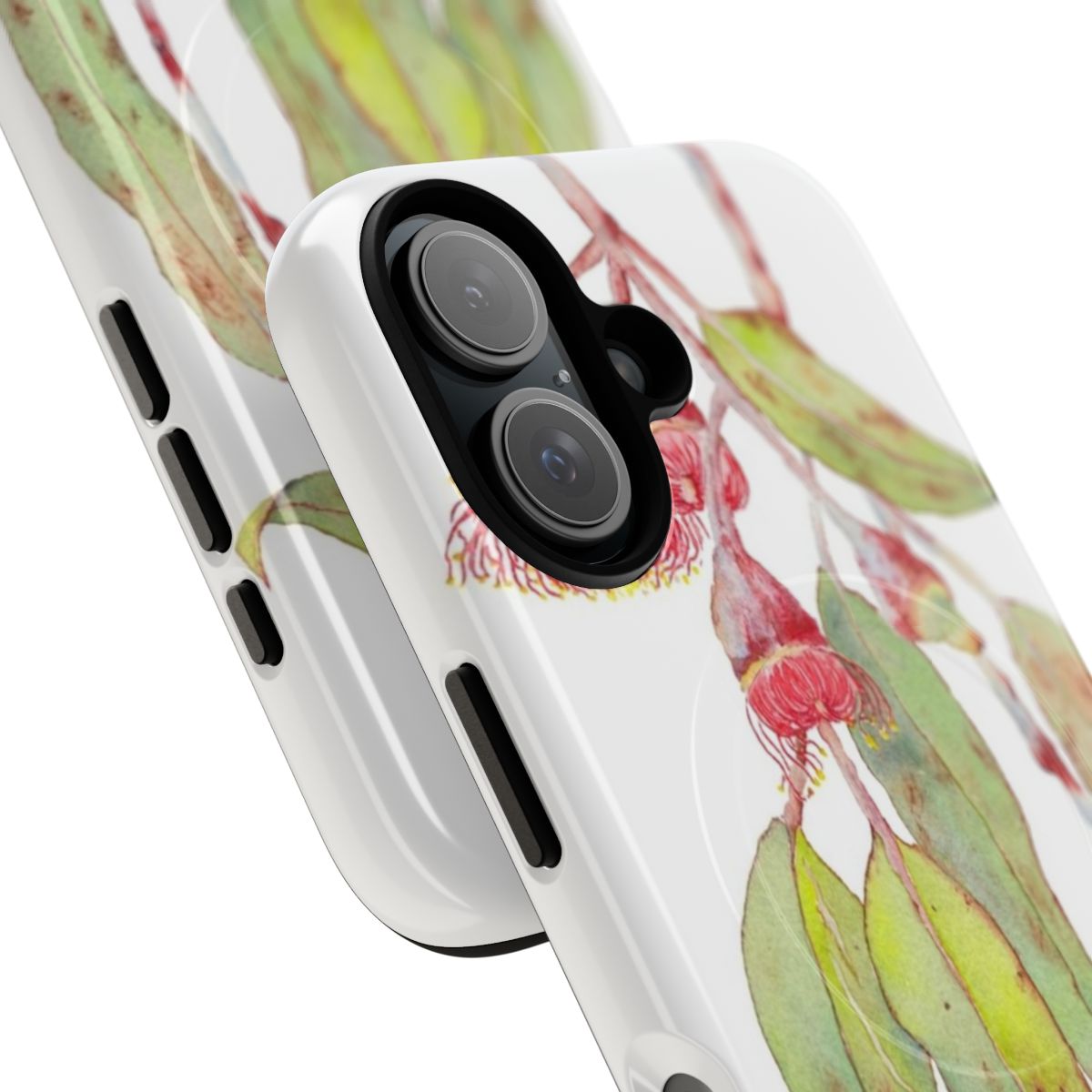 Watercolor illustration of silver princess eucalyptus flowers on a phone case - Detail