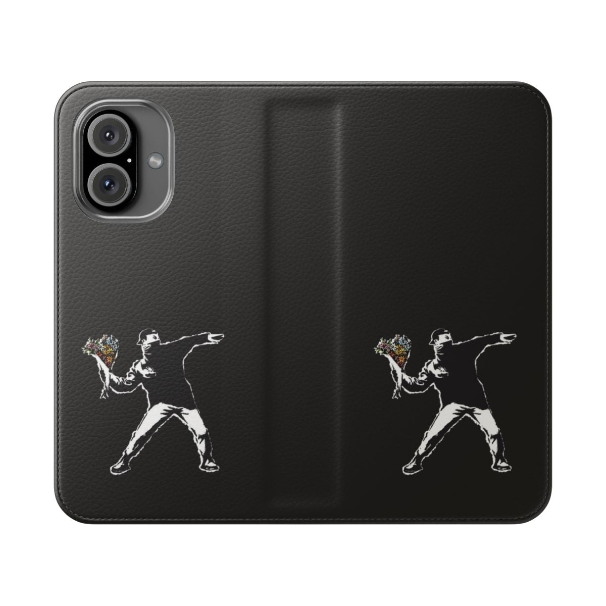 Banksy-inspired graffiti design with protester throwing flowers on a black background, printed on a high-quality phone case.