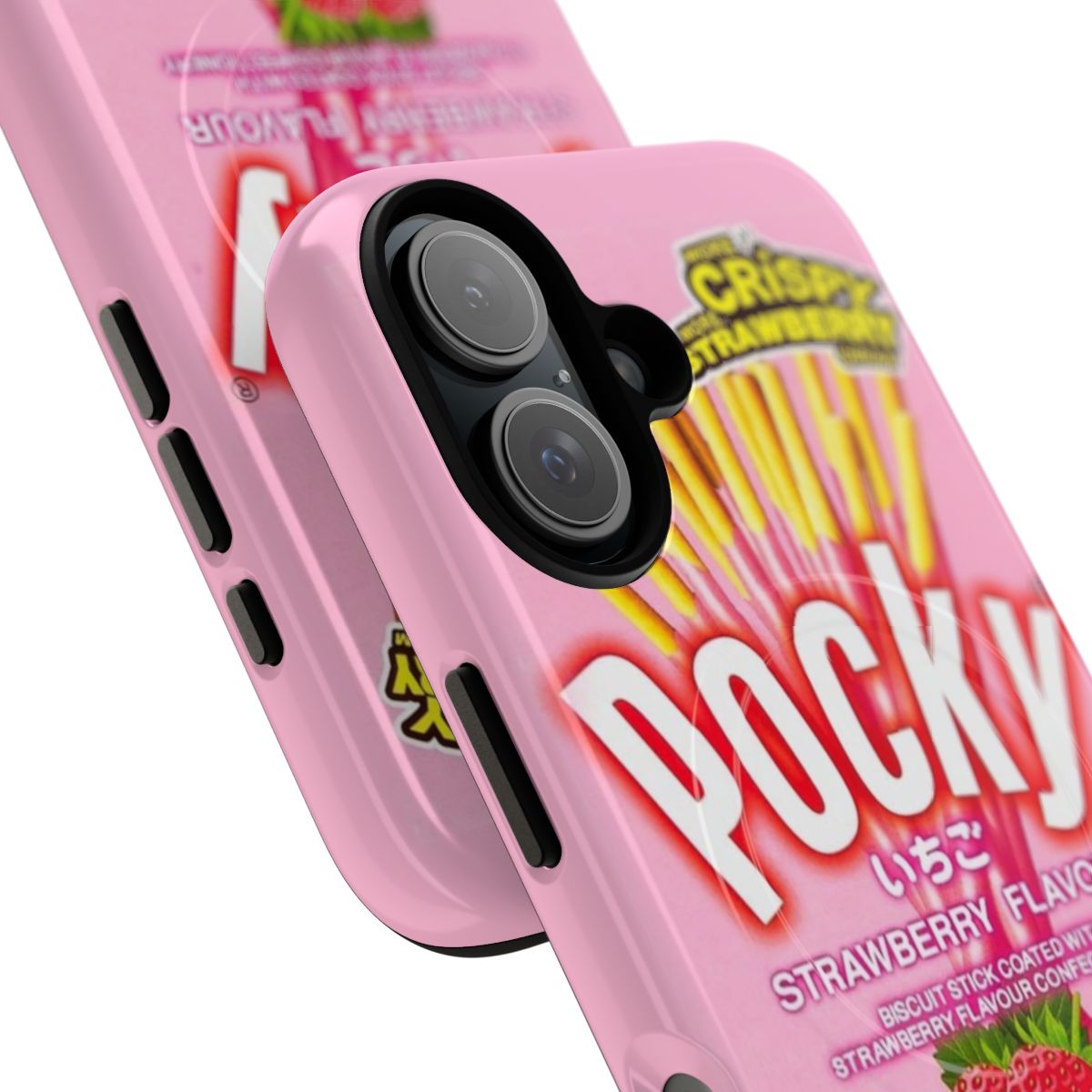 Pastel pink phone case with a strawberry theme, designed for a magnetic tough phone case. - Detail