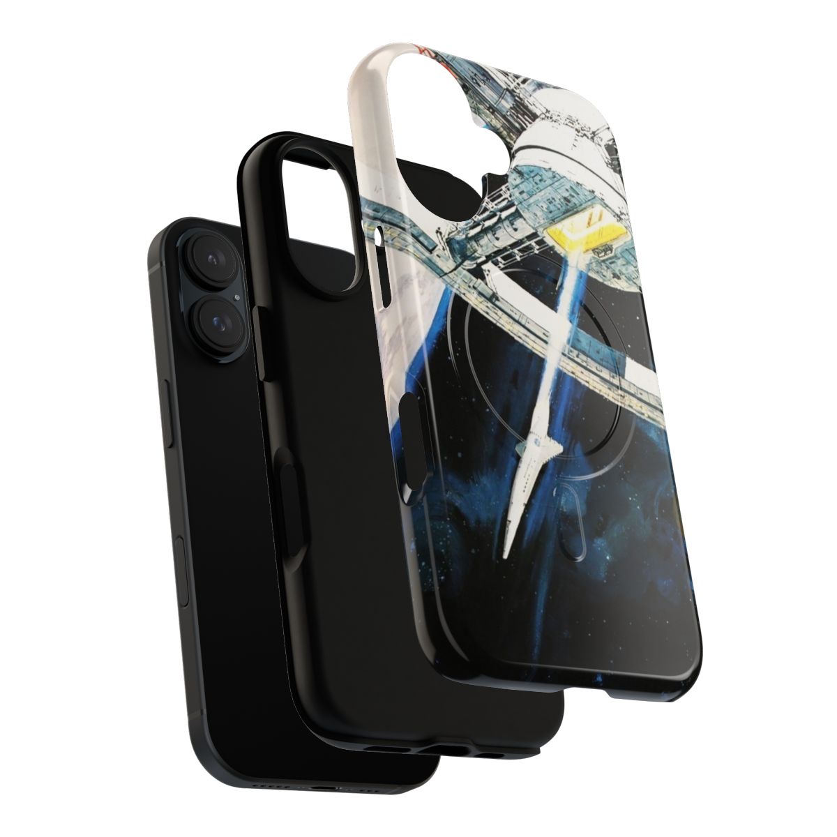 Retro-style phone case with a space station inspired art design - Layers