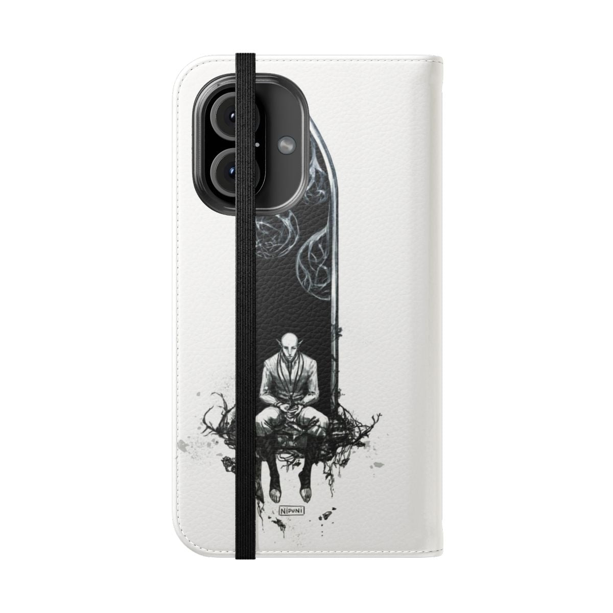 Monochrome phone case with fantasy elf and dread wolf design - Folded Front