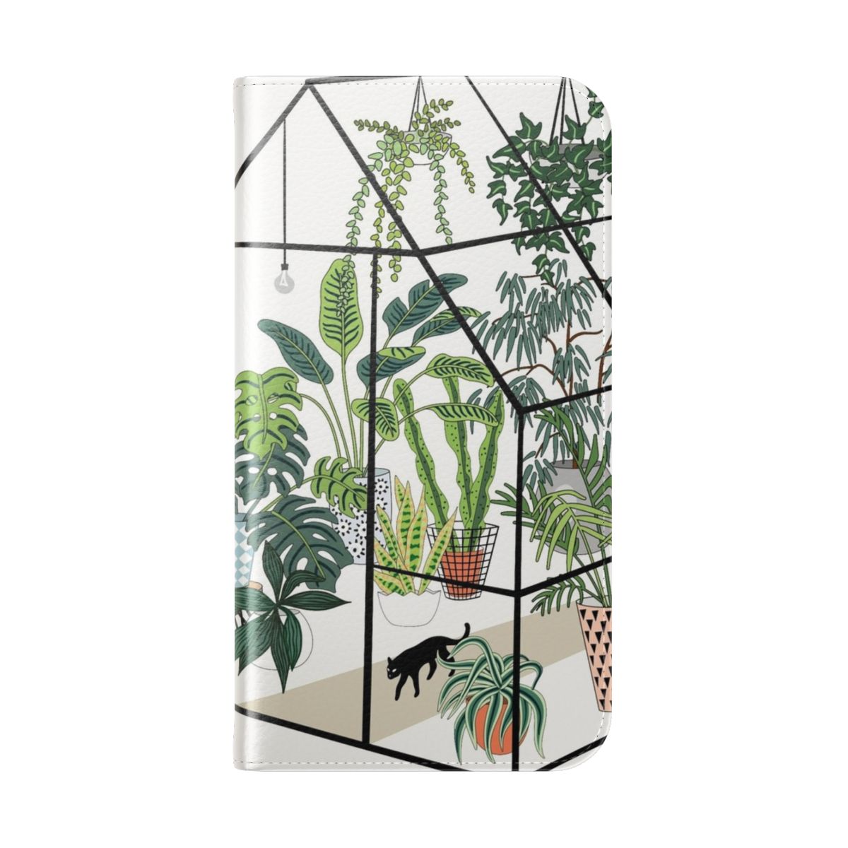 Vibrant phone case featuring a greenhouse-like illustration with various plants and greenery. - Folded Back