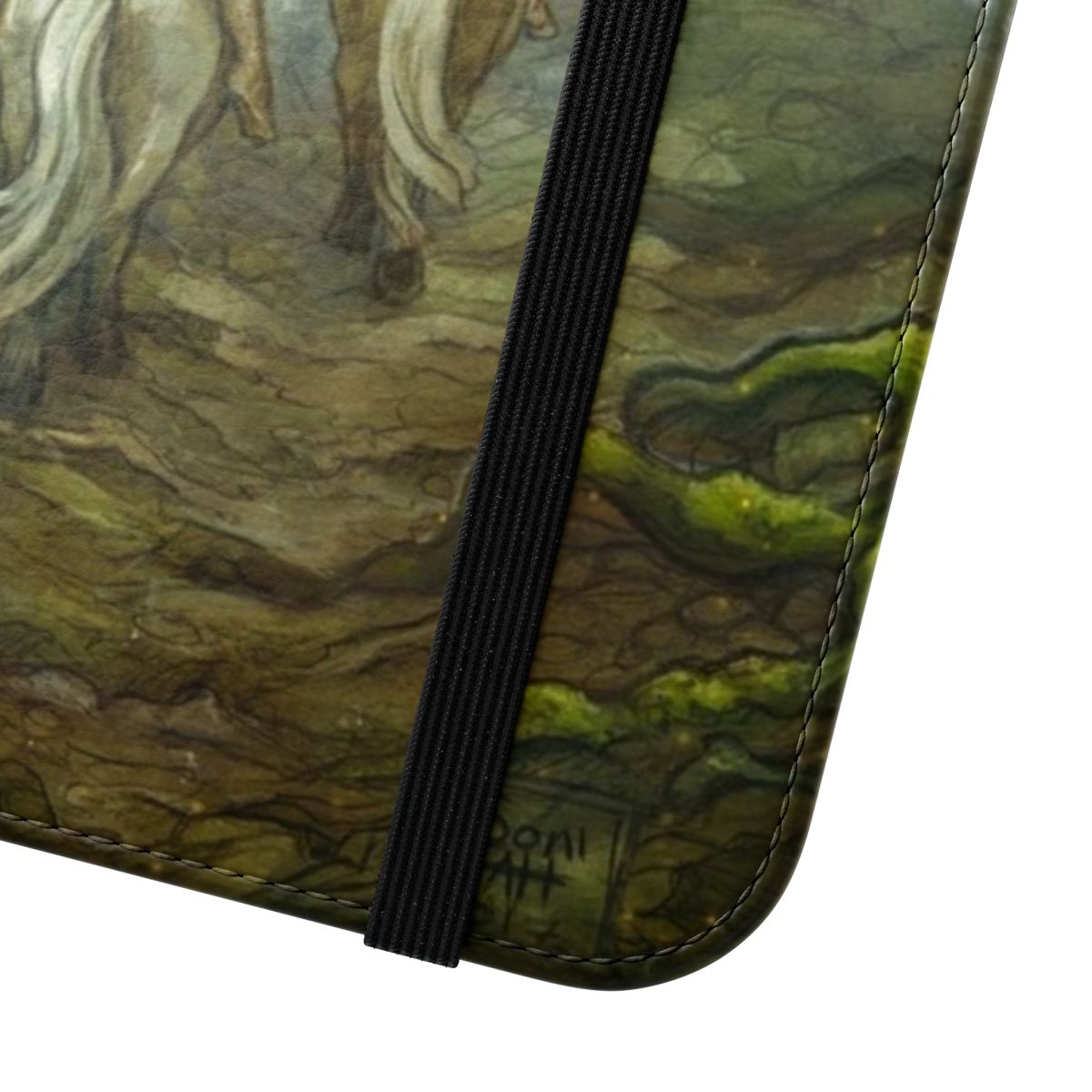 A phone case featuring a design inspired by the old forest, moss, and trees from the Lord of the Rings universe. - Close Up