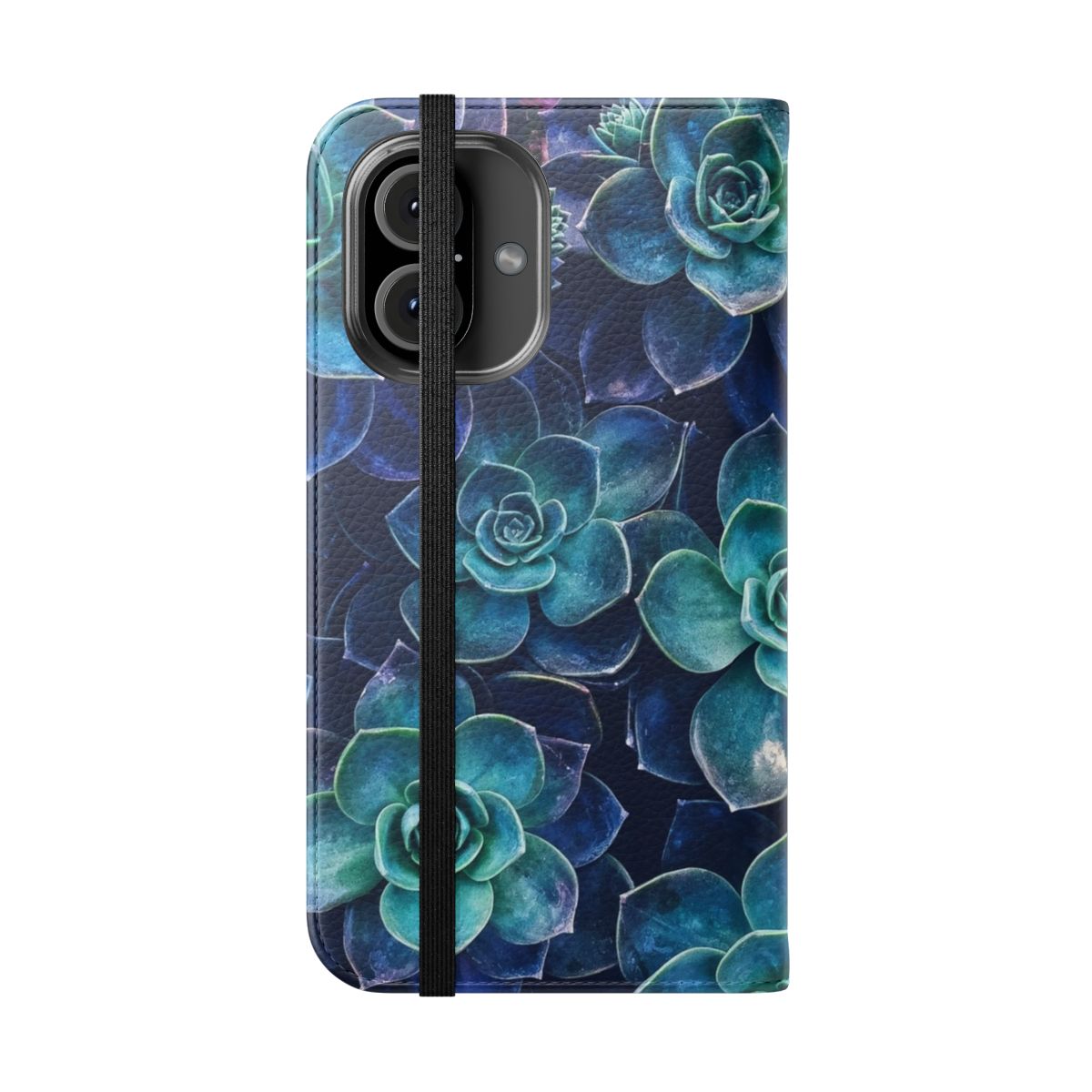 Succulent-patterned phone case in blue, green, and pink shades - Folded Front