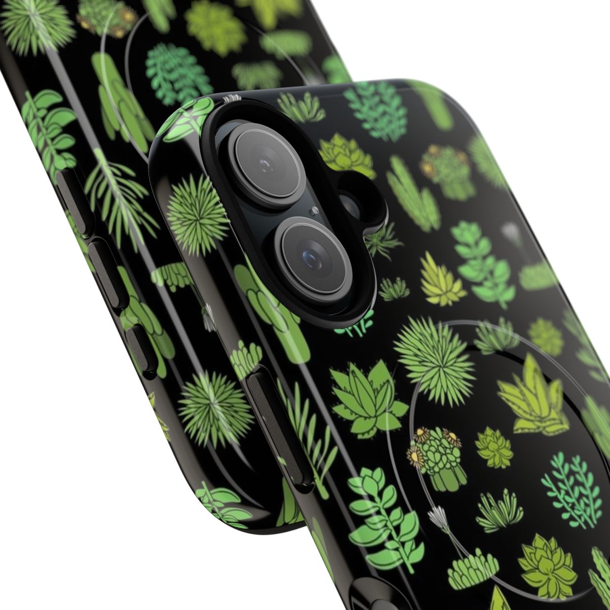 A phone case featuring a colorful design of succulents and cactus plants, perfect for nature and plant enthusiasts. - Detail