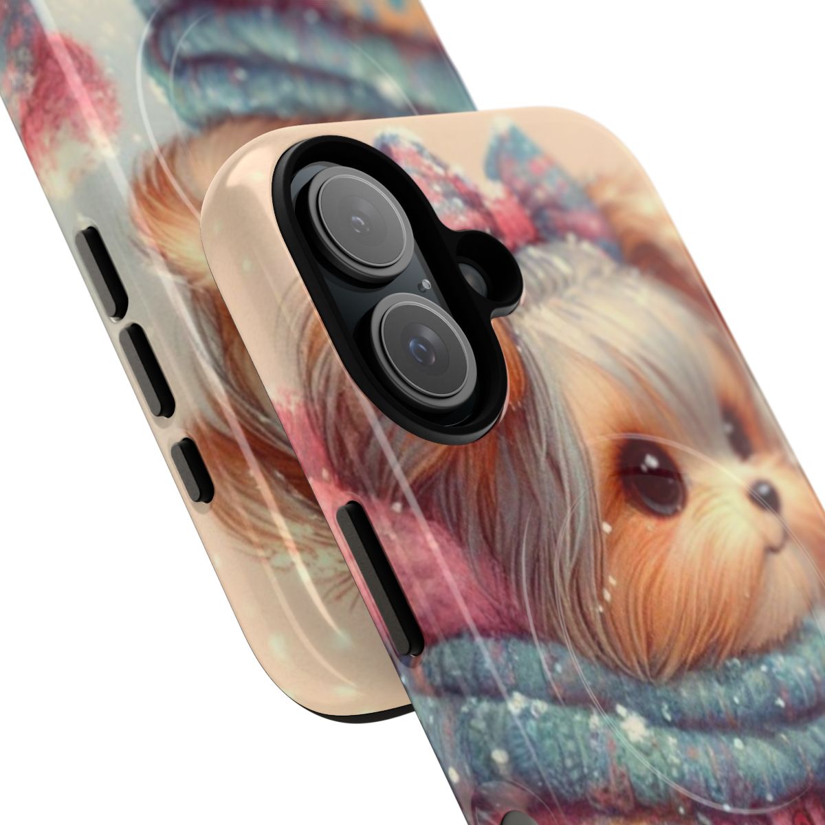 Adorable Yorkshire Terrier puppy wearing a cozy sweater in a winter wonderland setting on a magnetic phone case. - Detail