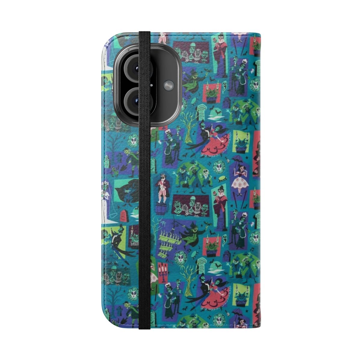 Haunted Mansion inspired flip cover phone case with a gothic, spooky design - Folded Front