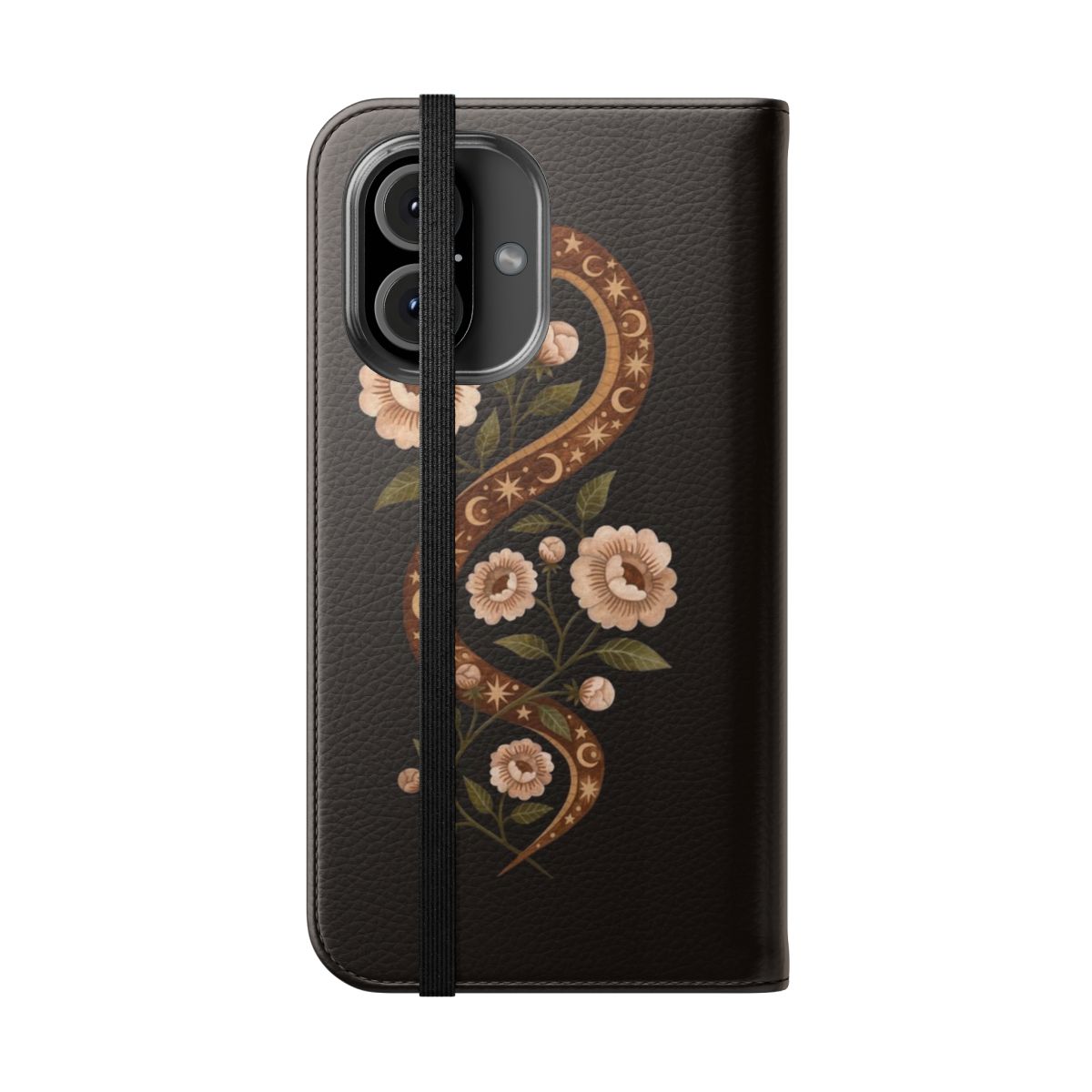 Flip phone case featuring a mystical serpent in a floral, natural design - Folded Front