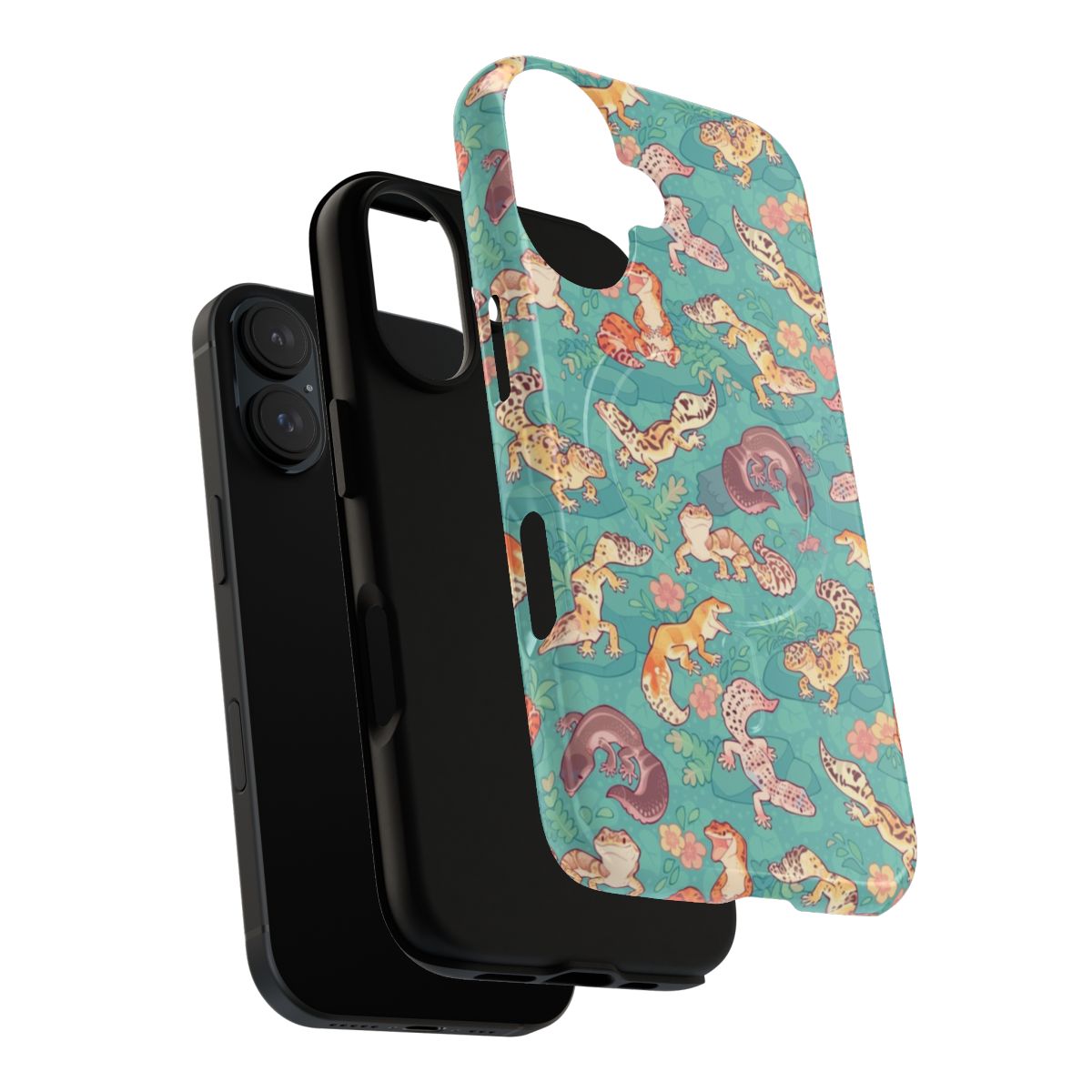 A teal colored phone case with a cute gecko pattern design. - Layers