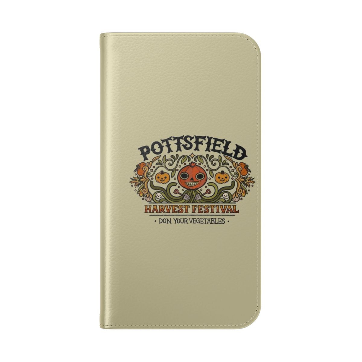 Autumn-themed flip cover phone case with pumpkins and Over the Garden Wall imagery - Folded Back