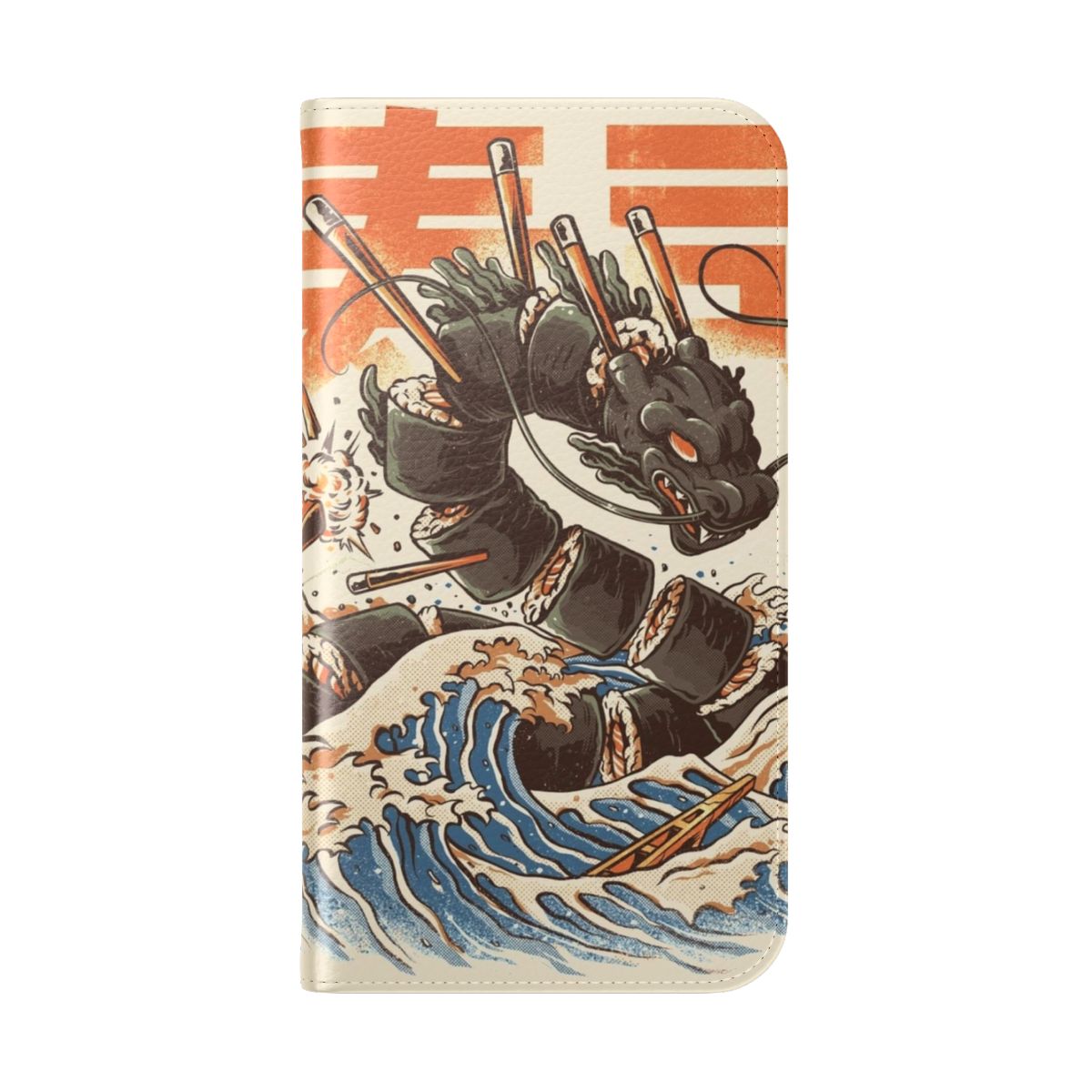 Illustration of an angry orange dragon emerging from waves with sushi in its mouth, depicted in a retro Japanese style. - Folded Back