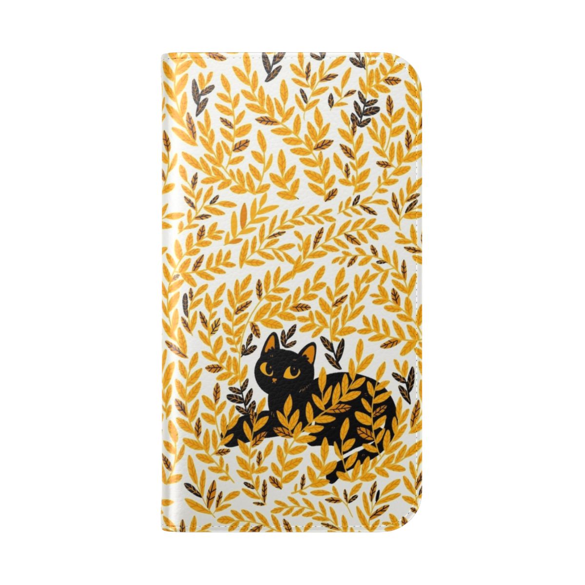 Autumn-themed phone case with a black cat and yellow leaves - Folded Back