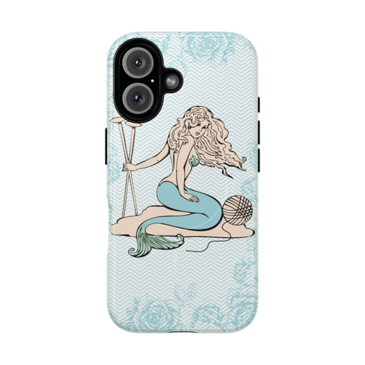 Tattoo mermaid design on a magnetic tough phone case with knitting needles