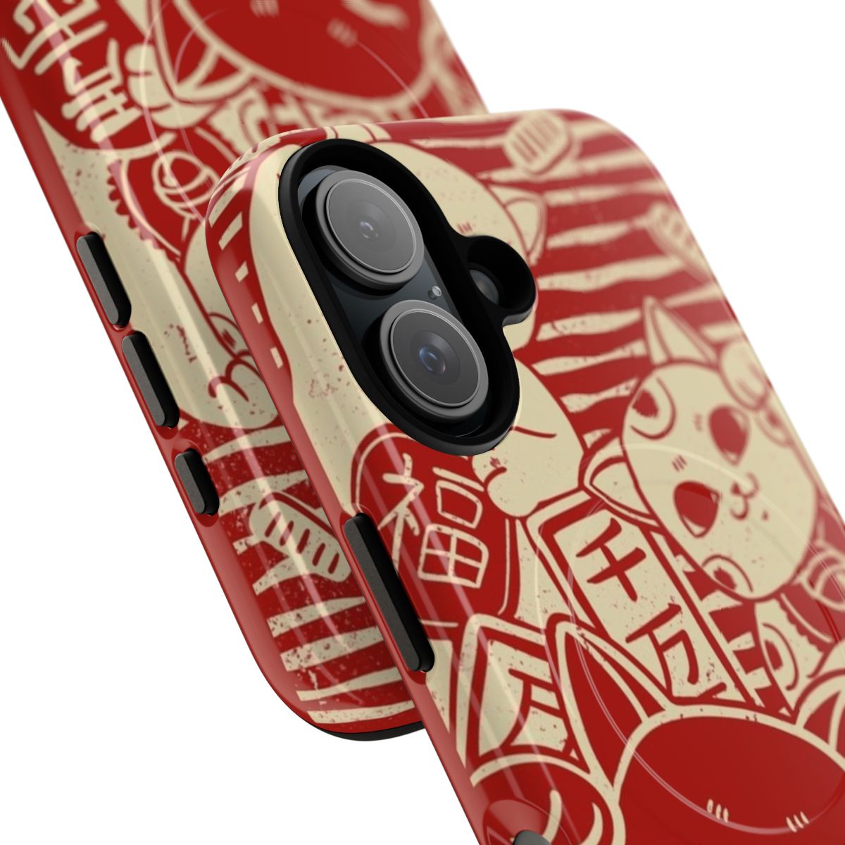 Magnetic tough phone case featuring a cute maneki neko (lucky cat) design in a traditional Japanese style. - Detail