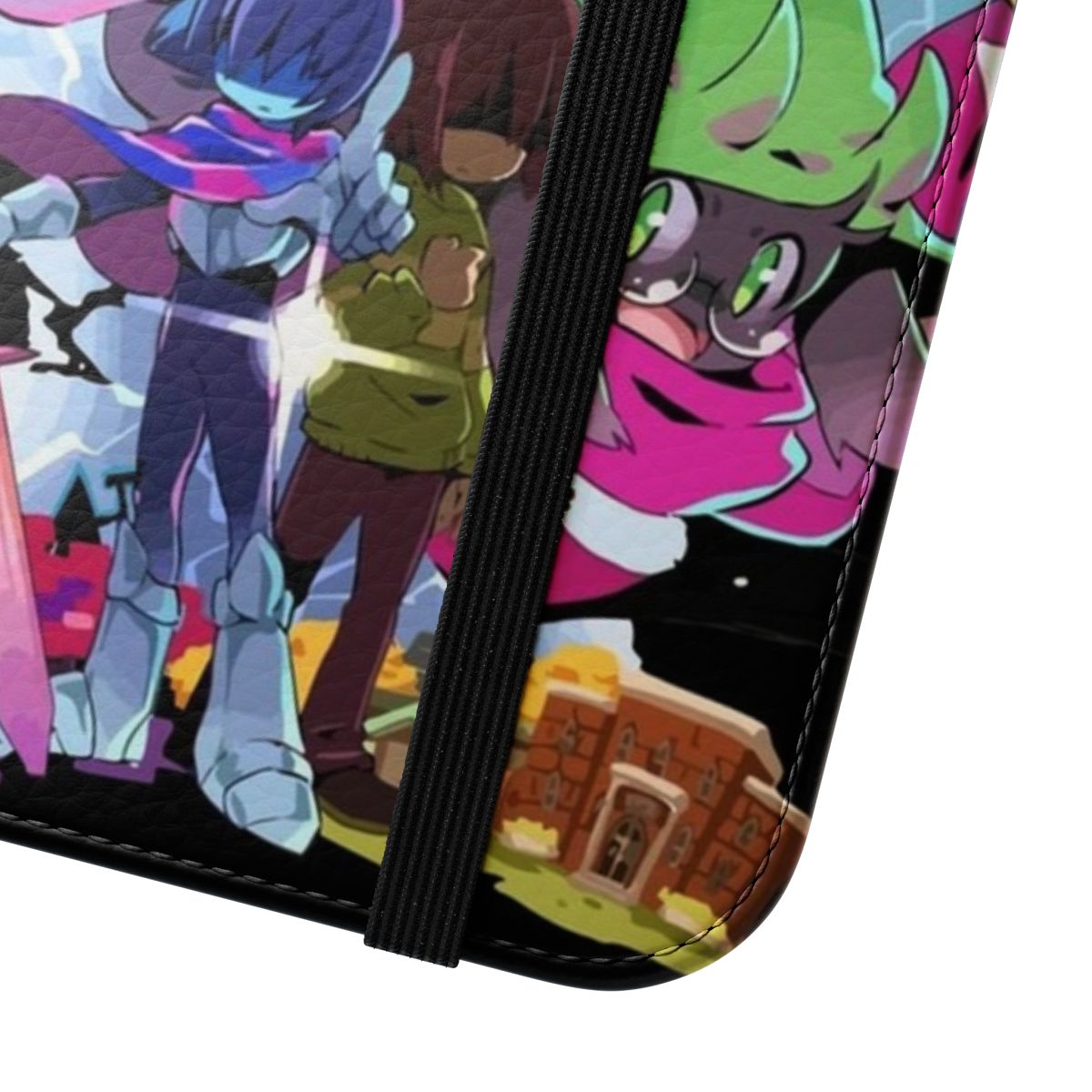 Deltarune-inspired adventure flip cover phone case with custom fan art design - Close Up