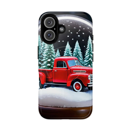 Vintage red truck phone case with snow globe, pine trees, and holiday background