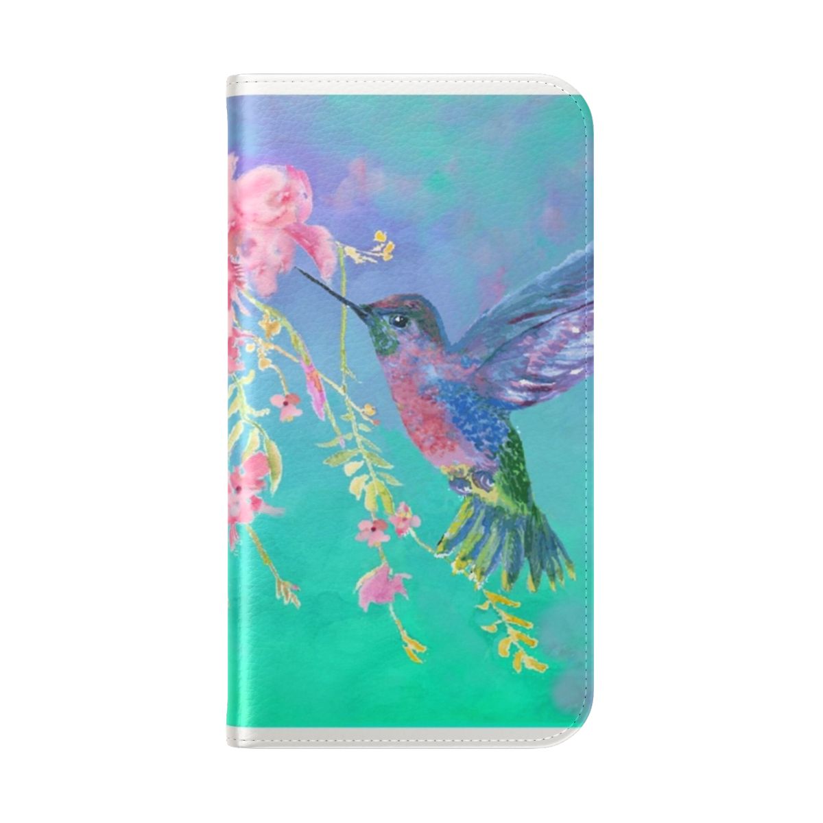 Colorful flip cover phone case featuring a detailed hummingbird design - Folded Back