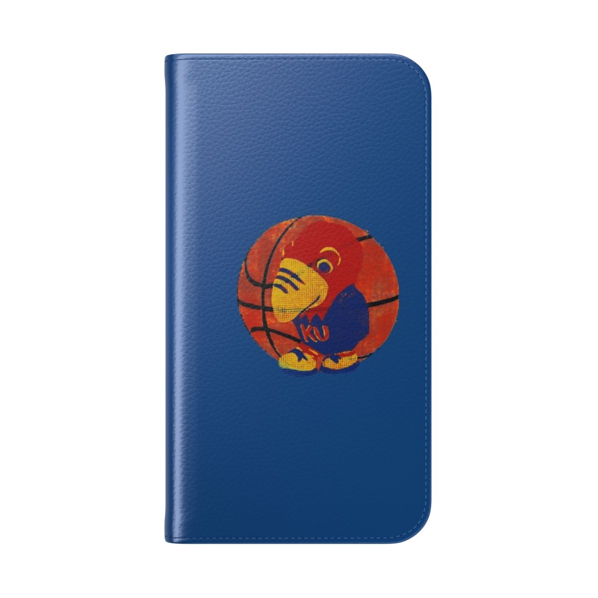 Retro-style blue, red, and yellow phone case cover with Jayhawks college basketball mascot design - Folded Back