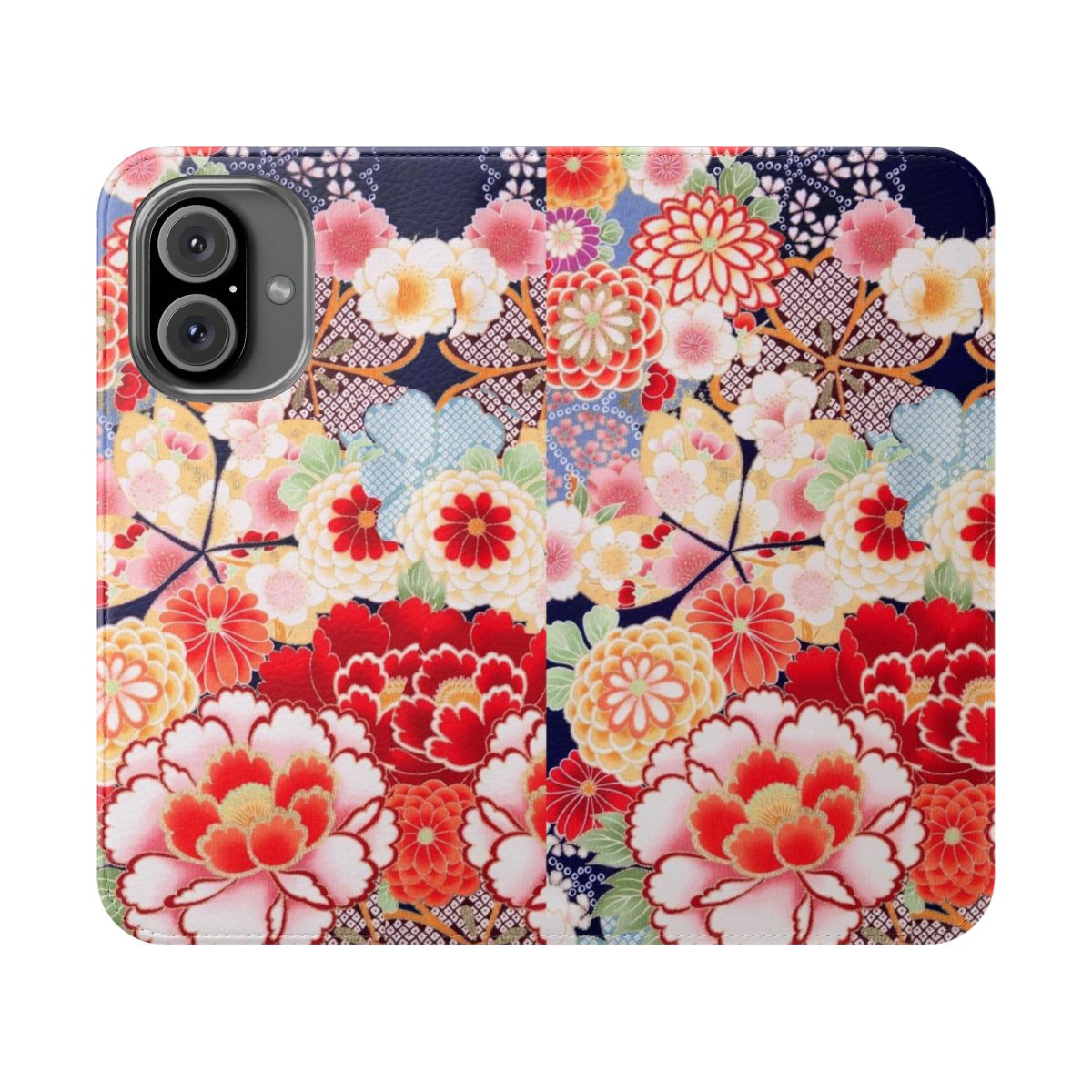 Antique Japanese-inspired floral phone case with pink, white, and blue wild roses and chrysanthemums in a vintage kimono style pattern.