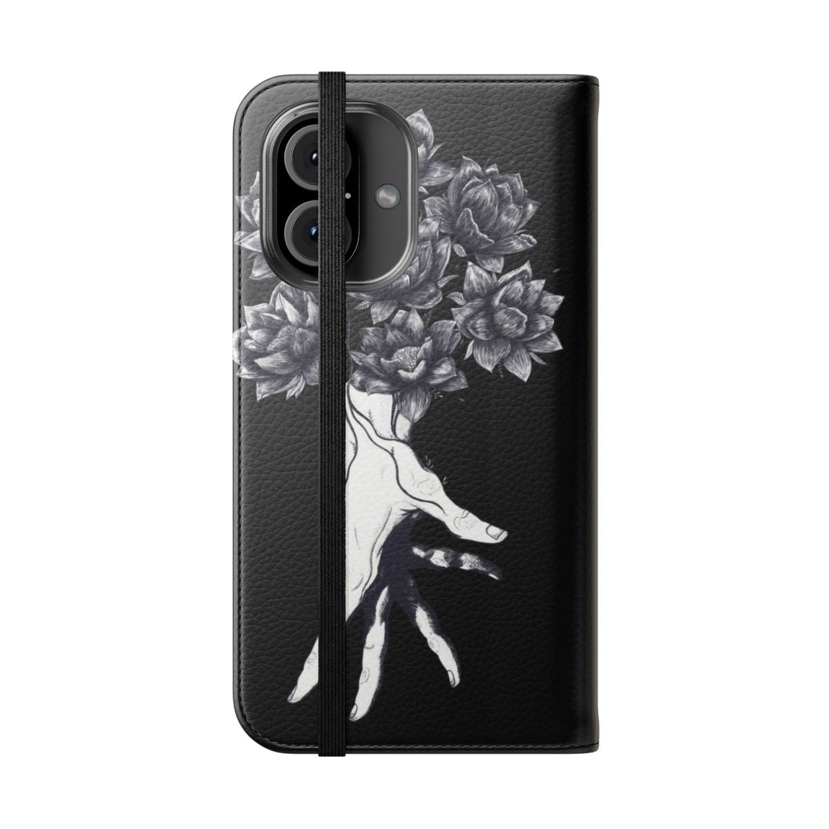 Minimalist hand silhouette with lotus flowers on black phone case - Folded Front