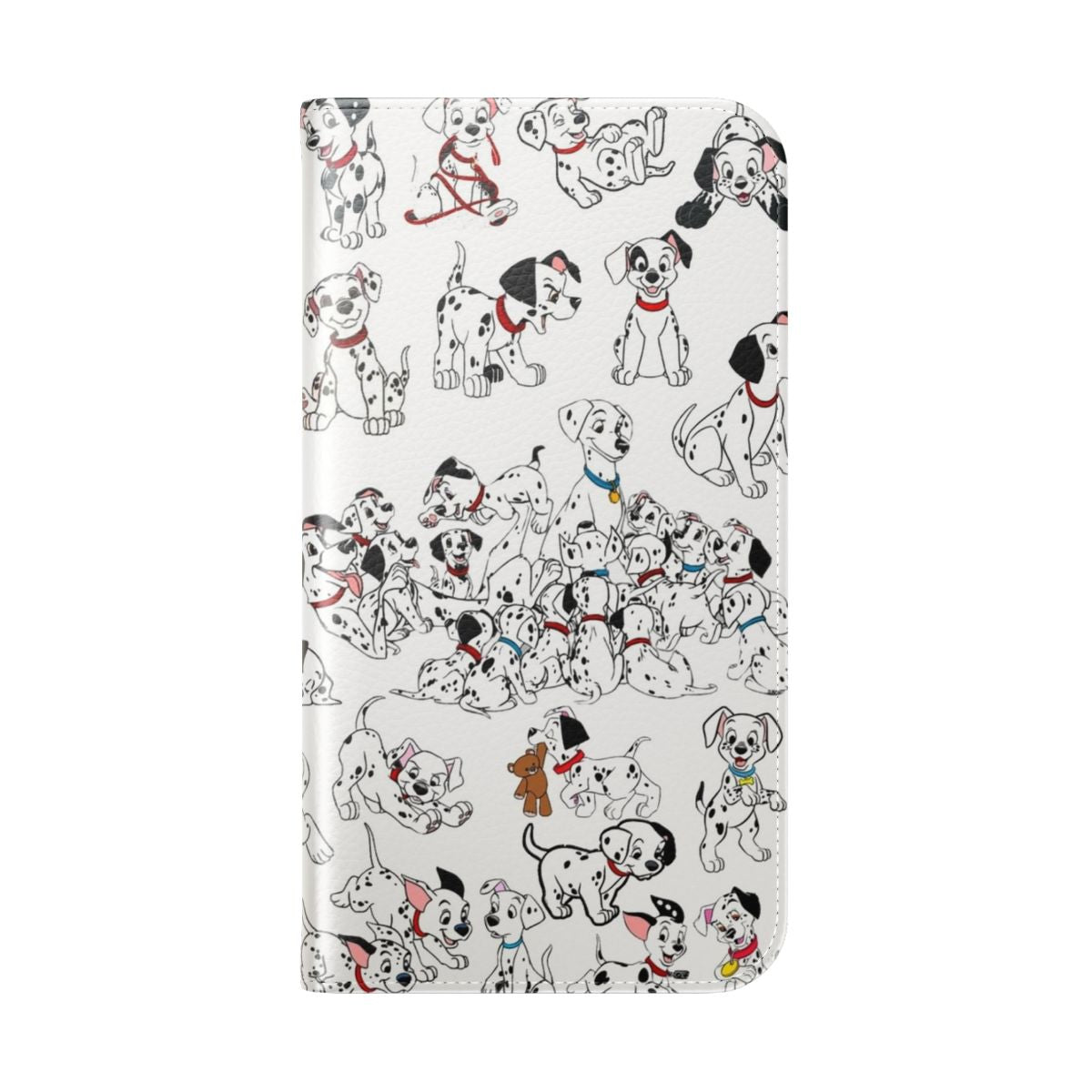 A flip phone case featuring a collage of 101 Dalmatian puppies in black, white, and gray tones. - Folded Back