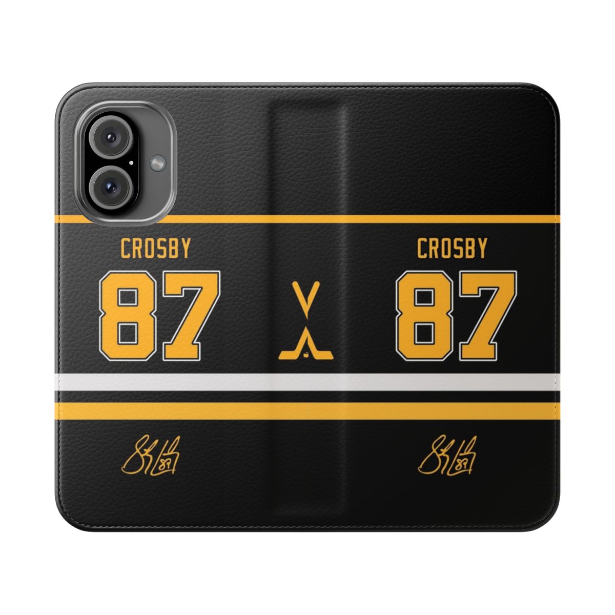 Pittsburgh Penguins-inspired flip phone case featuring hockey player Sidney Crosby's jersey number 87