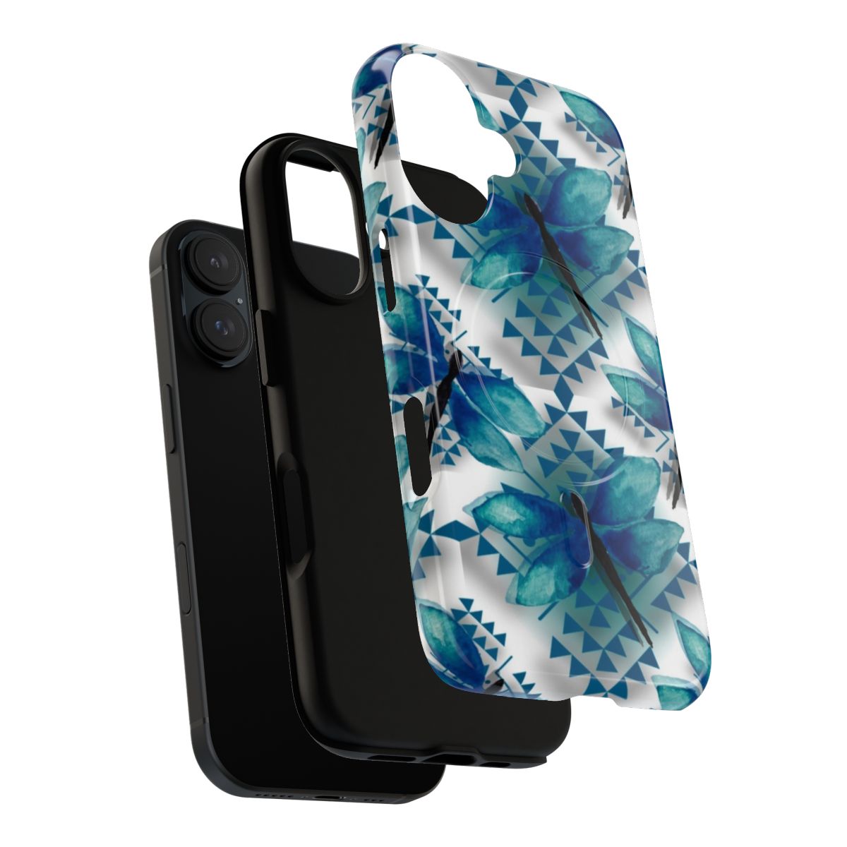 Turquoise and navy blue phone case with a native-inspired dragonfly and tribal pattern design - Layers