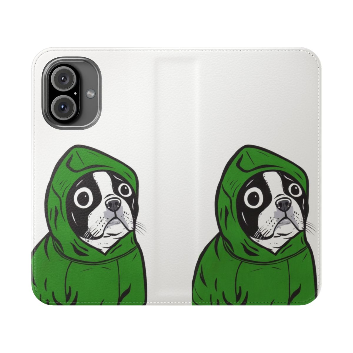 Boston Terrier in a green hoodie on a flip cover phone case with a pop art style design.