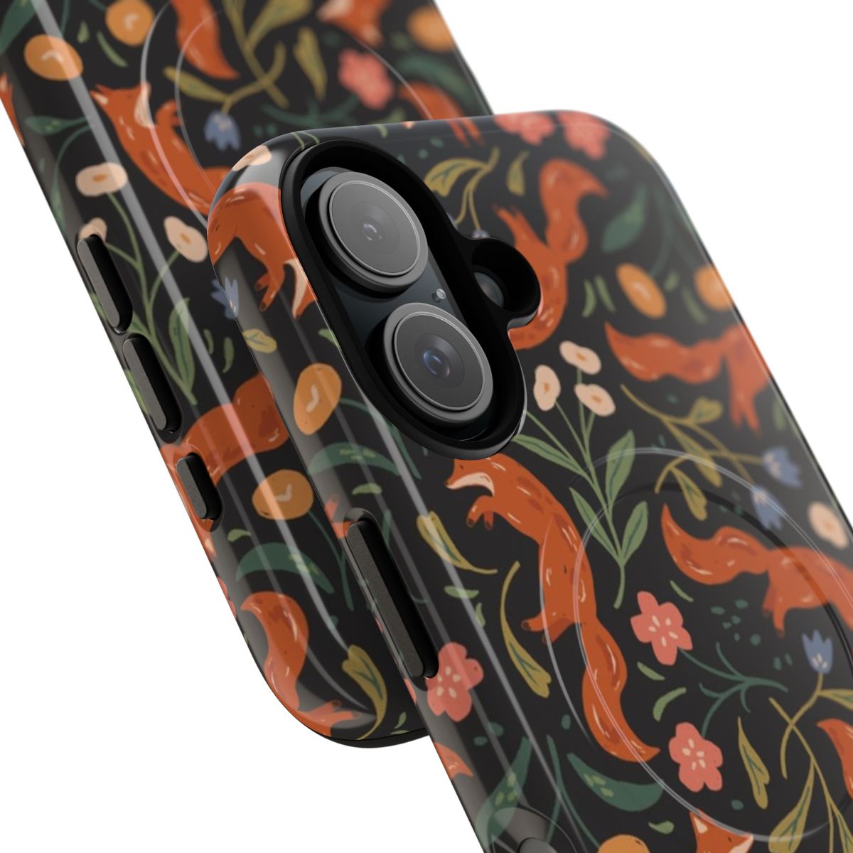 Artistic illustration of a fox frolicking in a field of colorful flowers, displayed on a phone case. - Detail