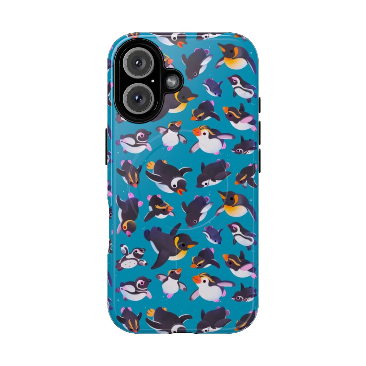 Magnetic phone case featuring a colorful penguin design