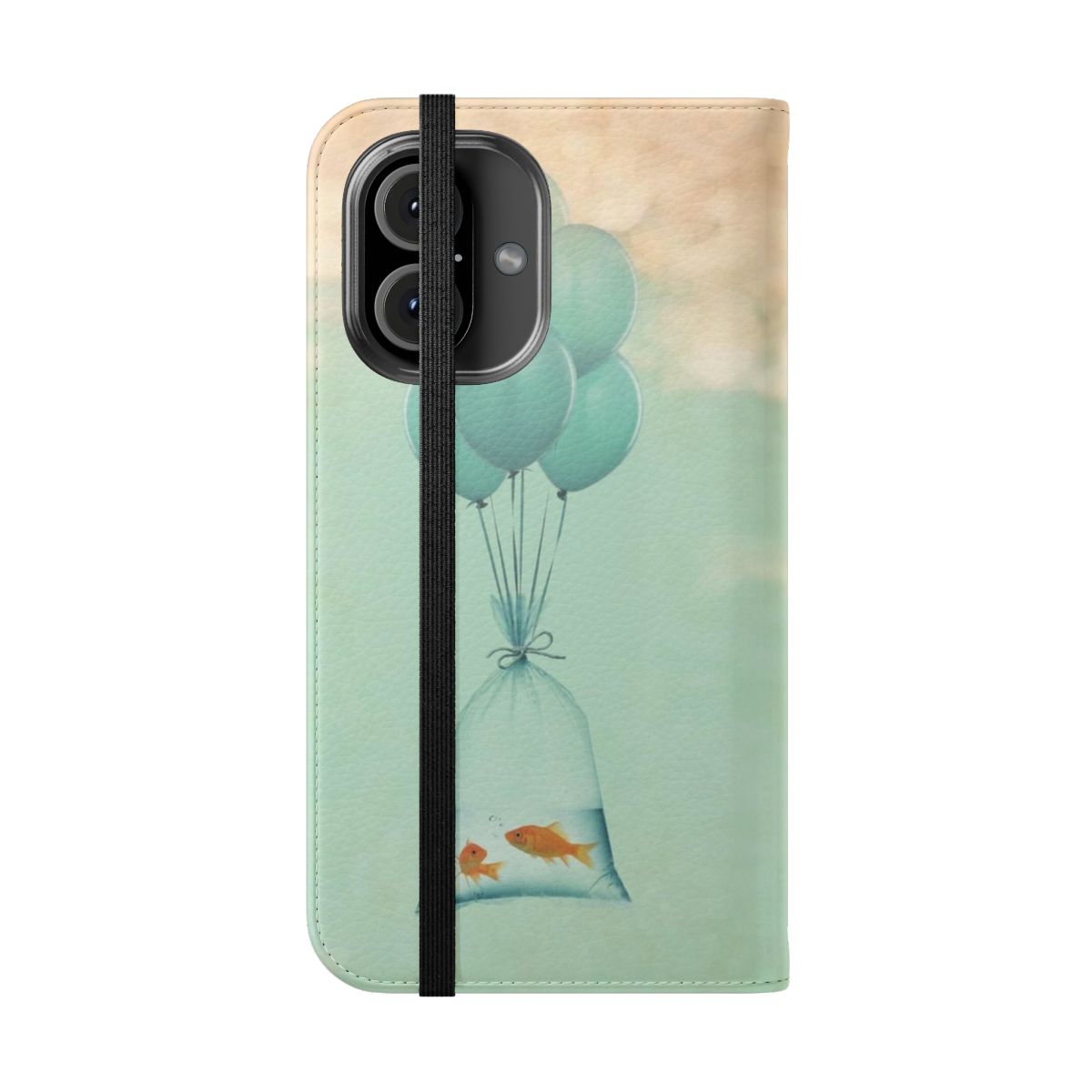 Whimsical phone case cover with illustrated goldfish and hot air balloons floating in a cloudy sky - Folded Front