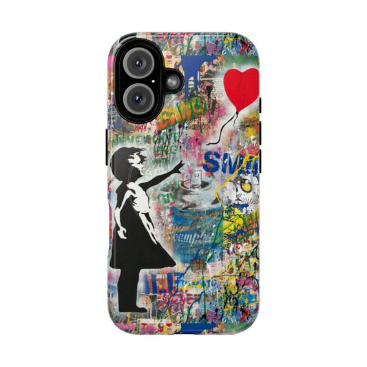 Striking street art-influenced phone case design featuring a silhouette of a girl with balloons