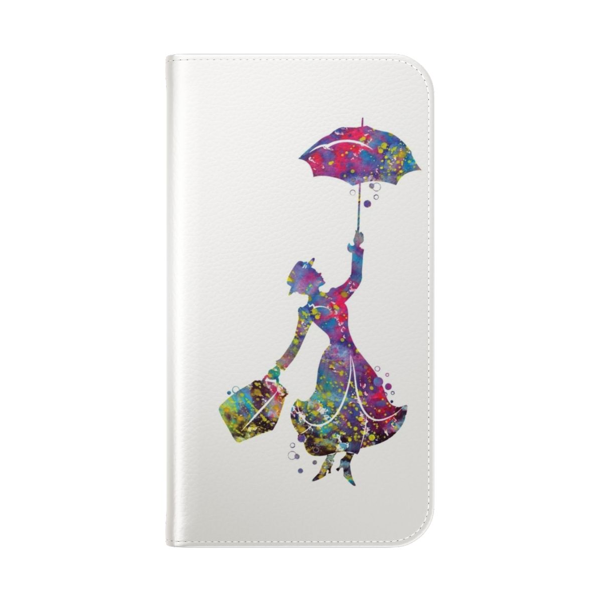 Watercolor Mary Poppins silhouette design on a pink and purple phone case - Folded Back