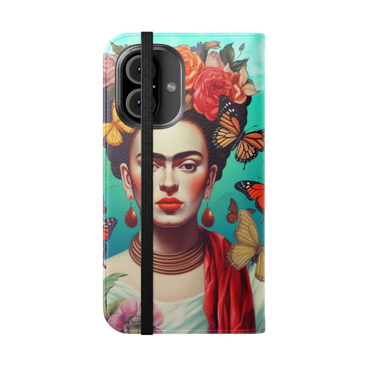 Artistic phone case featuring a portrait of Frida Kahlo, the renowned Mexican artist and feminist icon. - Folded Front