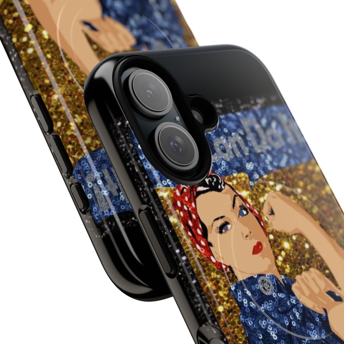 Vintage-inspired glitter print Rosie the Riveter smartphone case featuring a tough, magnetic design. - Detail