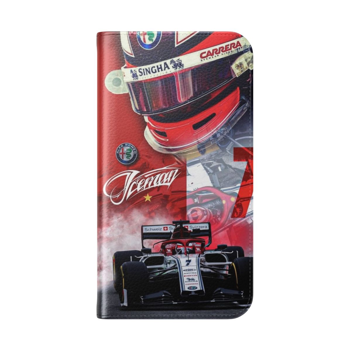 Flip cover phone case featuring the legendary F1 driver Kimi Raikkonen - Folded Back