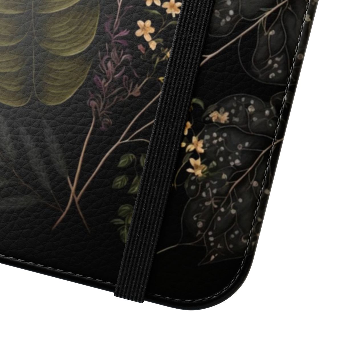 Moody floral and botanical design on a dark academia style flip phone case - Close Up