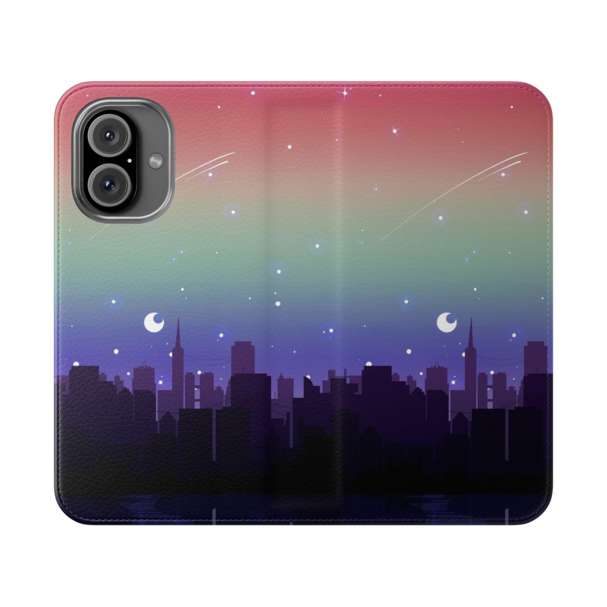 A vibrant phone case cover featuring a pixel art cityscape in pride flag colors against a starry night sky.